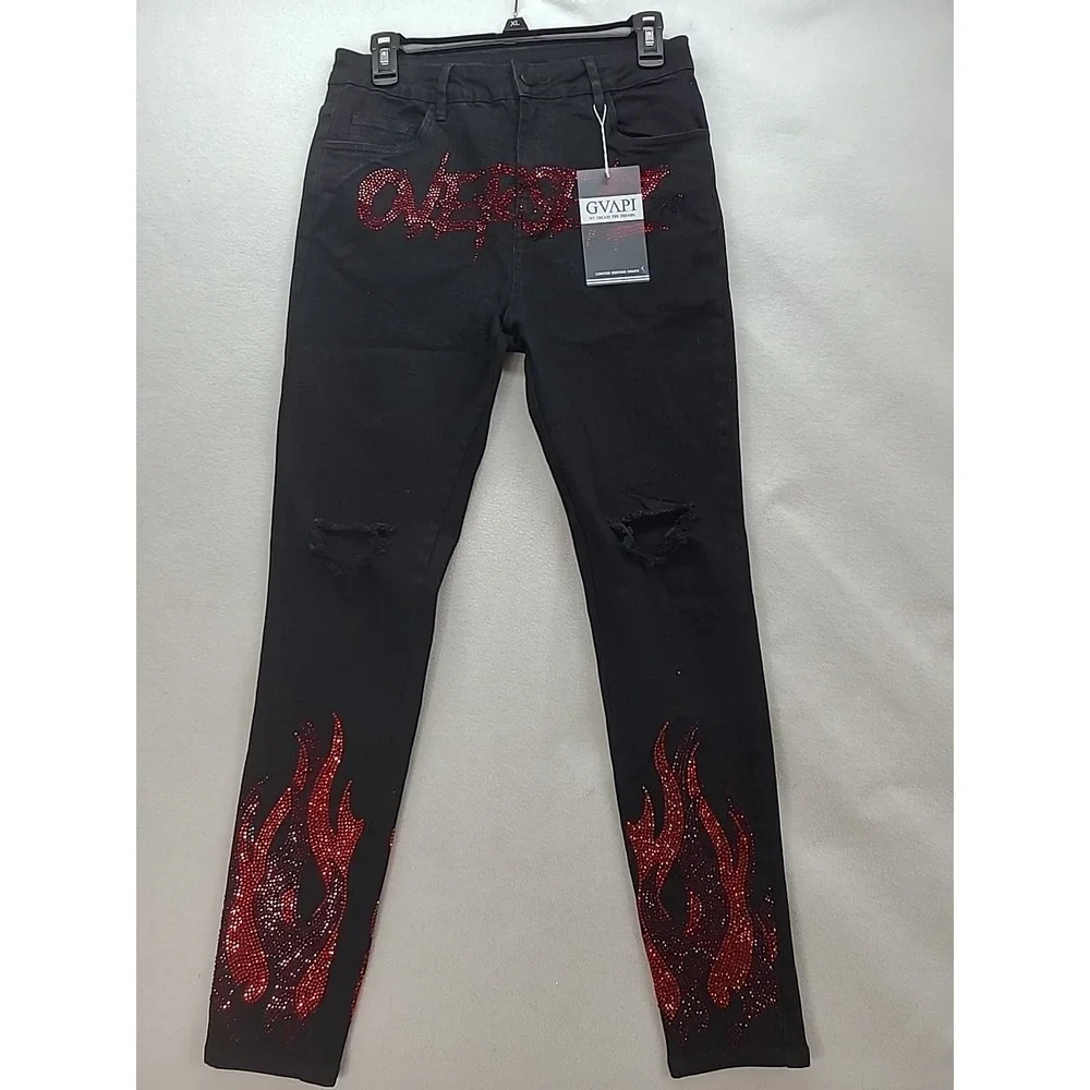 GVAPI Overseaz Drip Jeans Mens 30‎ Flame Rhinestone Distressed Limited Edition